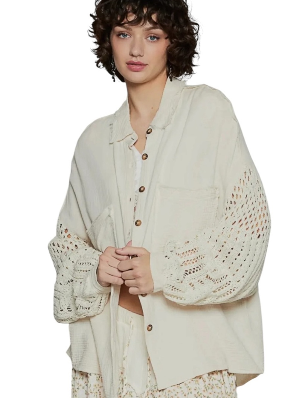 POL Ivory Crochet Sleeve Light Weight Jacket Top Long Sleeve Boho Womens Large